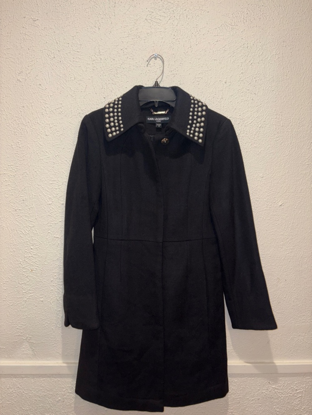 Karl Lagerfeld Black Wool Coat with Studded Collar